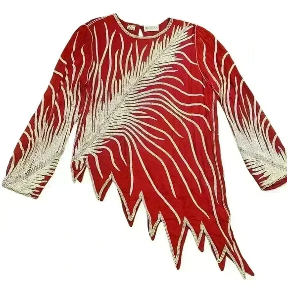 Vtg Norman’s Atlanta Glass Beaded Asymetrical Zig Zag Top Size Med Silk Art Deco - Picture 1 of 12